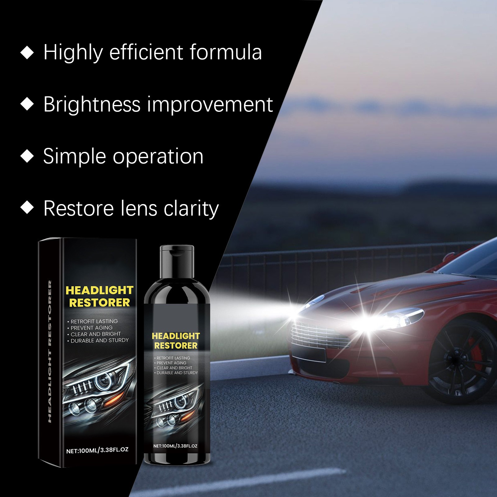 Car Headlight Restoration Cleaner Kit for Plastic Lenses - Brightening Detergent, Oxidation Remover, Haze-Free Solution with UV Protection